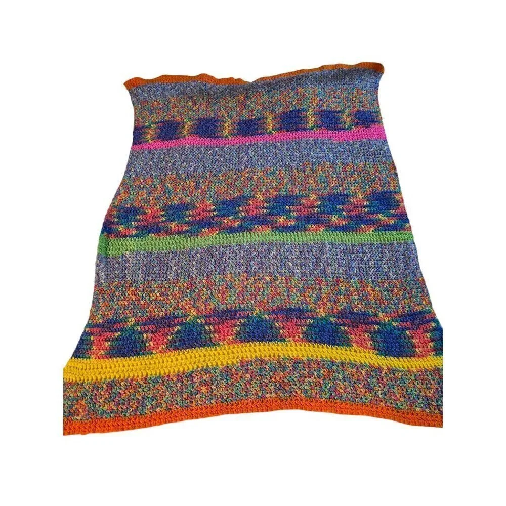 Vintage Handmade Colorful Space Dye Afghan Knit Crochet Throw Blanket Cottage Gr